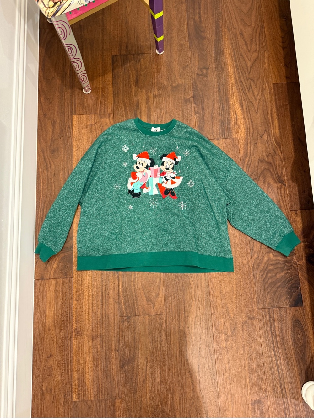 Disney Green Crewneck Holiday Sweater with Mickey & Minnie Graphic